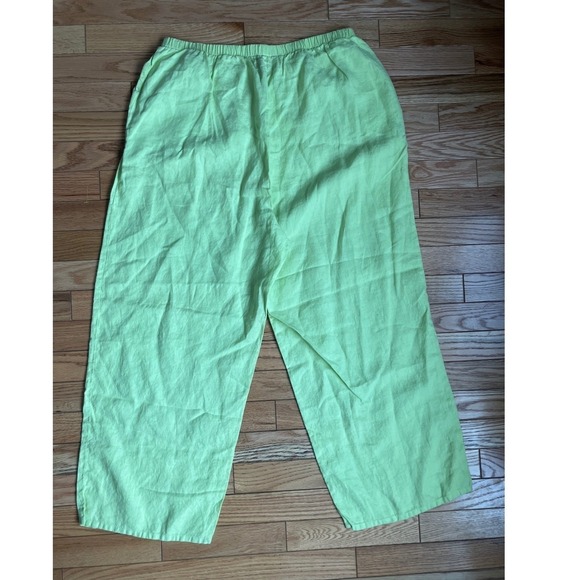 FLAX Linen Cropped Wide Leg Pants Women Size M Lime Green Elastic Waist - Picture 6 of 8